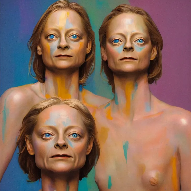 Image similar to studio photograph of colorful postmodern portrait sculpture of jodie foster, beautiful symmetrical!! face accurate face detailed face realistic proportions, made of spray - painted beeswax on a pedestal by ron mueck and matthew barney and greg rutkowski, hyperrealism cinematic lighting shocking detail 8 k