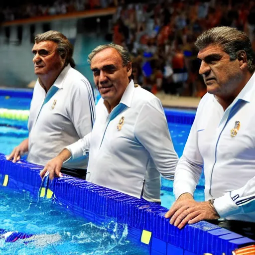 Image similar to florentino perez, laporta and tebas swimming in a pool full of money