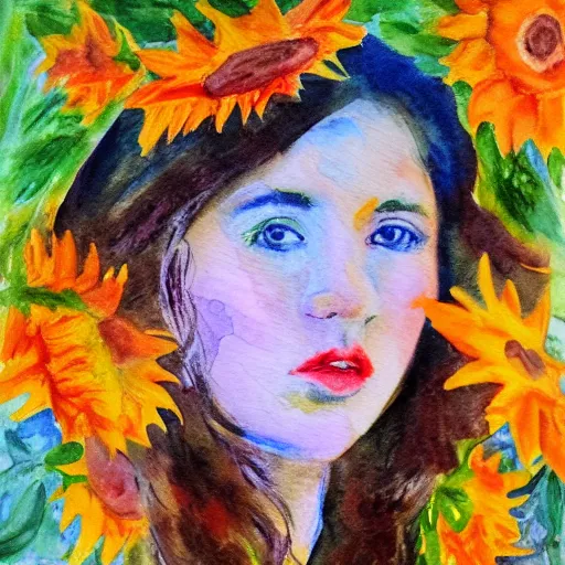 Image similar to molly sanden, watercolor, in the style of claude monet, beautiful face, sunflowers, fall leaves red and orange, award winning, hd, 4 k, purple, blue