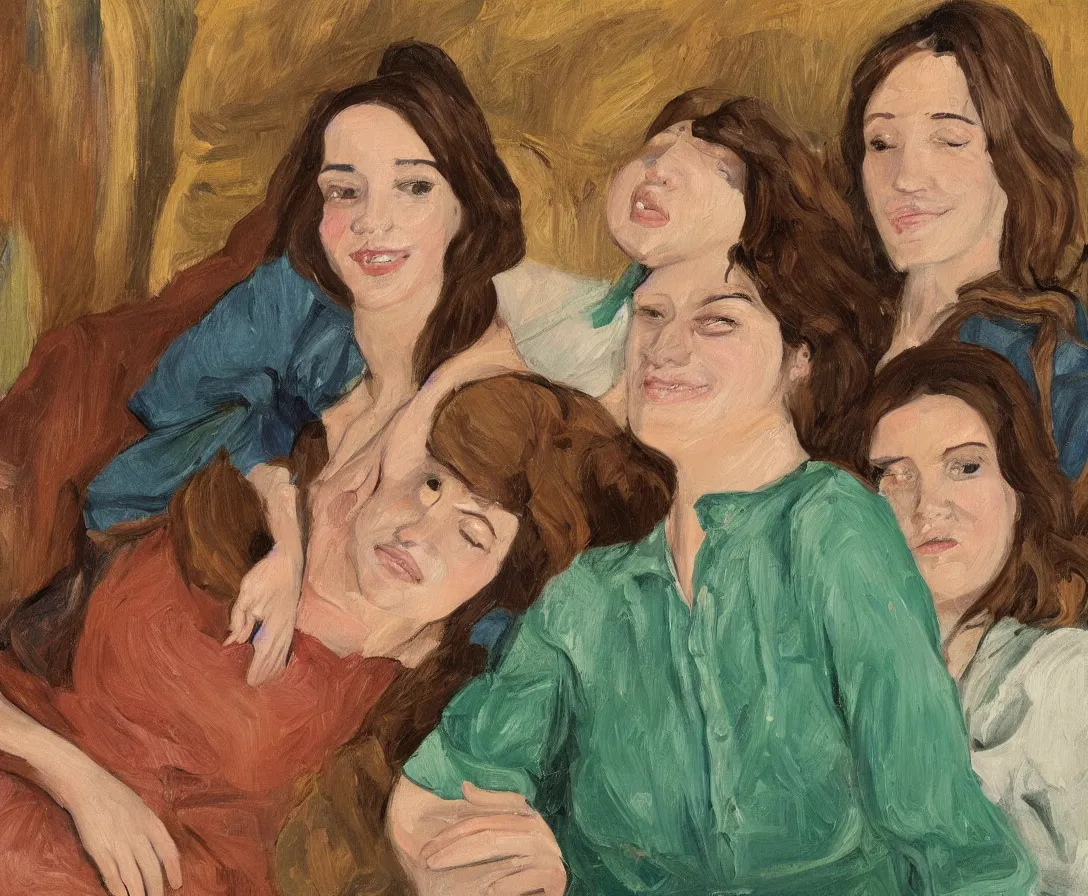 Prompt: portrait of pretty bella and esther with brown hair lying horizontal next to each other, in an old english apartment on a brown leather sofa. one is wearing a dark blue sweather, the other a white shirt. close up. in the style of lucien freud. oil painting. green light. thick colorful brush strokes. smiling