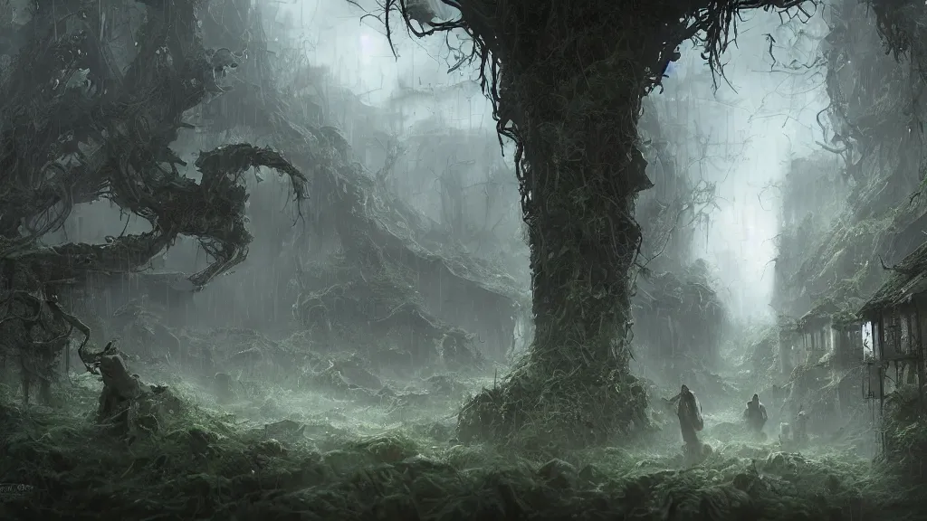Prompt: dense village, moss, ivory, vines, extreme darkness, desaturated, Tristram, by Brad Rigney, cgsociety,