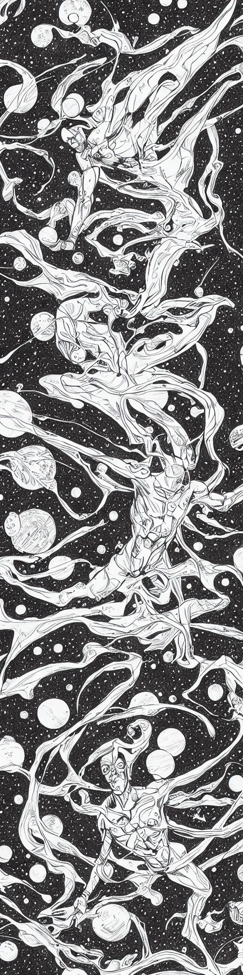 Image similar to silver surfer in space hovering above earth, by james jean, black and white, pencil drawing,