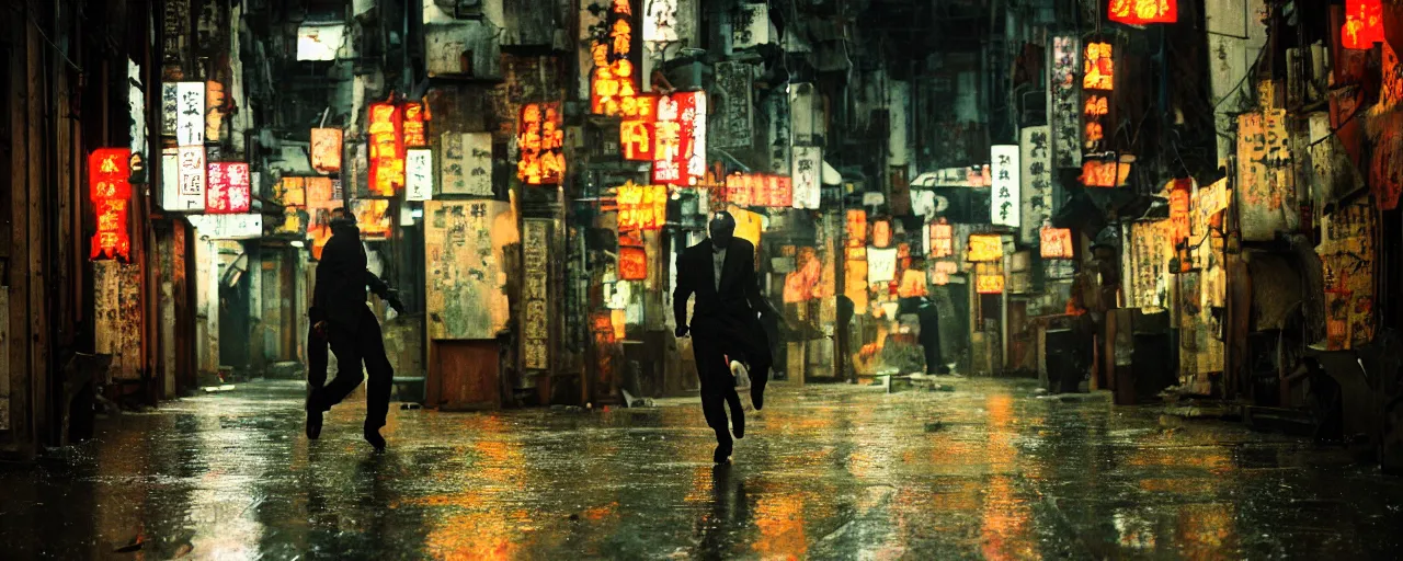 Prompt: dynamic steadicam shot, following a black clad man running through a crowded narrow alley in kowloon walled city, , fluorescent lights, night, rain, tungstem color balance, cinestill, cinematic movie still