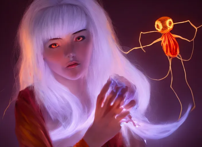 Image similar to girl with silk glowing white hair showing her hands with glowing puppeteer stings coming out of it, concept digital art trending on artstation oilpaint