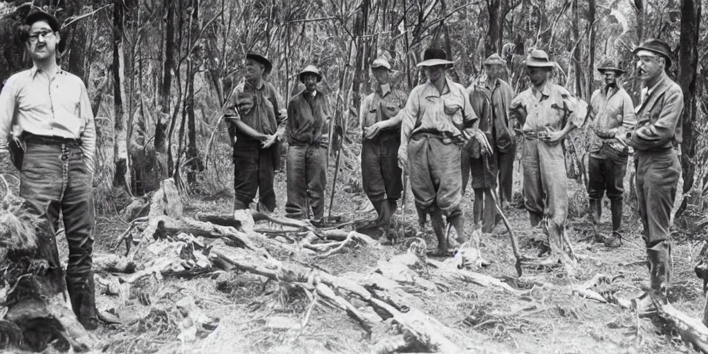 Prompt: louis theroux interviewing kauri loggers at great barrier island, new zealand 1 9 2 0's