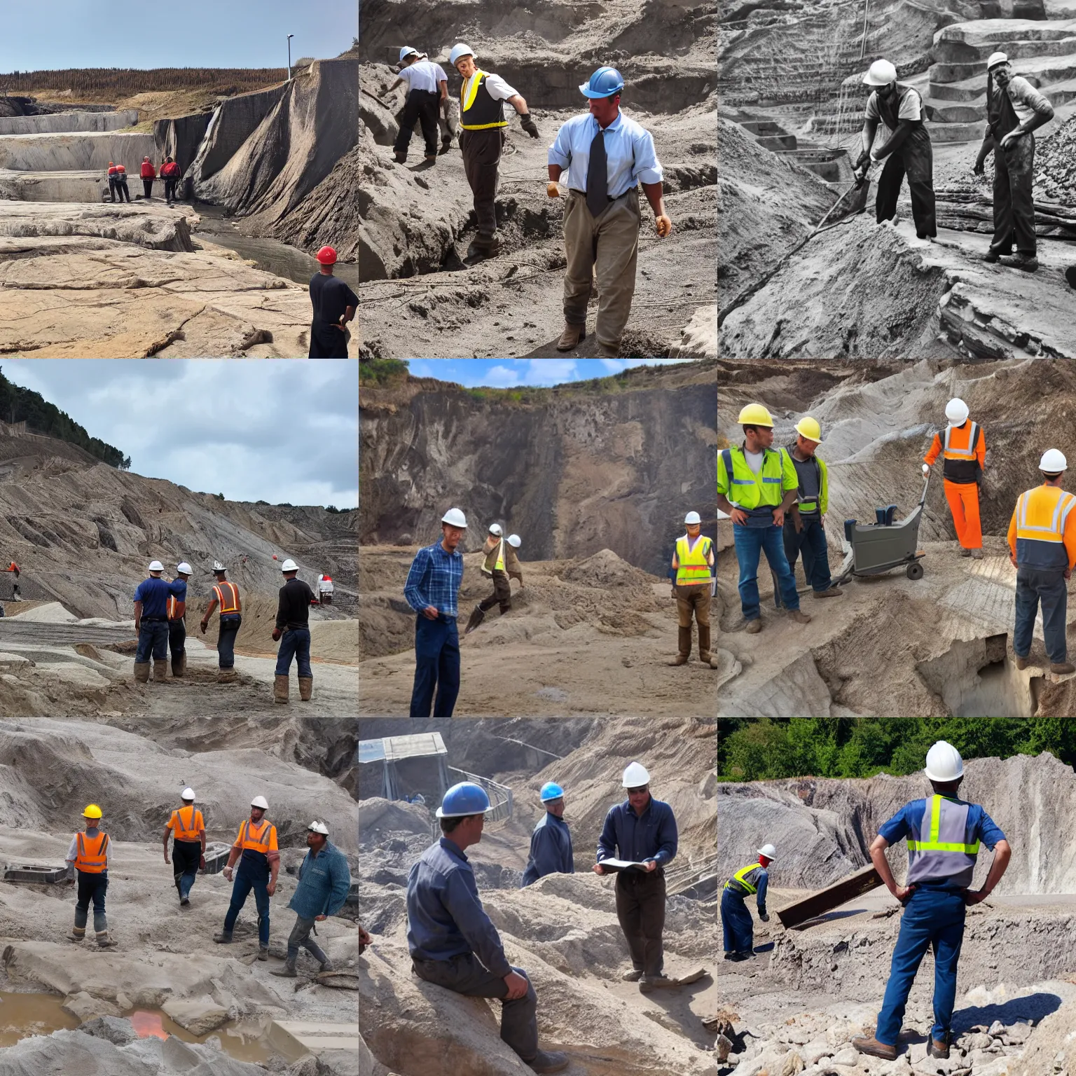 Prompt: men in working attire working in a quarry