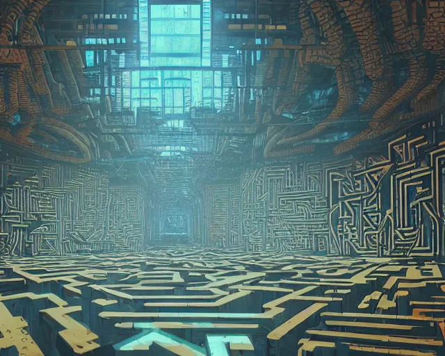 Prompt: interior of an underground maze within a large cyberpunk complex, pixelart, brutalism, volumetric lighting, 8 k, art by dan mumford, greg rutowski, johan grenier