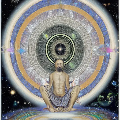 Image similar to god sitting in the center of the multi dimensional latent space conceptualizing our collectively designed divine imaginations