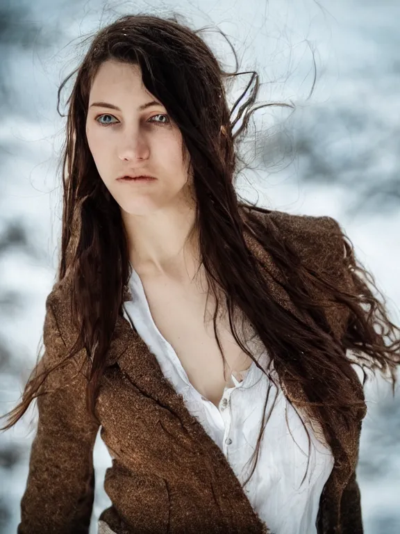 Prompt: hyperdetailed photo of a beautiful ukrainian girl, brown eyes, dark hair, winds of winter, with ripped t - shirt, wool suit