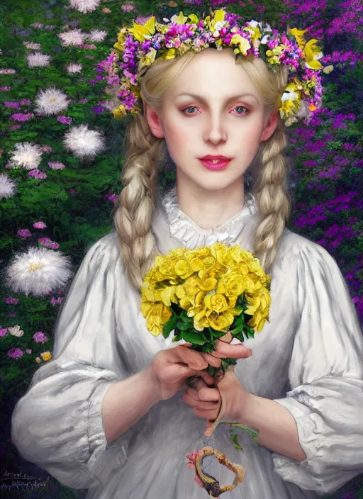 Prompt: close-up portrait of young white witch, with short yellow hairstyle, two pigtails hairstyle, with a cute toad, in the garden, in white messy flower crown of white wild flowers, in formal shirt with Hufflepuff tie, painting in the museum, highly detailed, sharp focus, digital painting, artwork by Kinkade, by Victor Adame Minguez by Yuumei by Tom Lovell by Sandro Botticelli