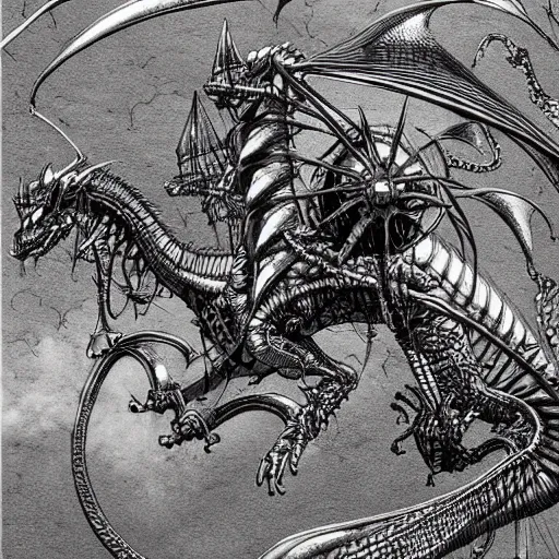 Prompt: dragon flying with steam punk apparatus on it's back, clean lines, really clear, crisp detail, fine pen, artstation, Ian Miller, H.R. Giger, Tool Album