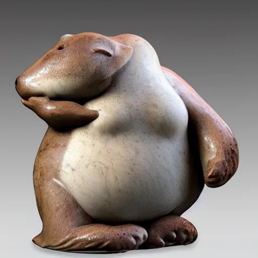 Image similar to marble sculpture of a fat otter holding a bag of groceries