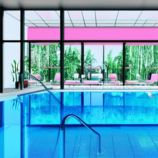 Image similar to a sunlit indoor lounge area with a pool with clear water and another pool with translucent pastel pink water, next to a big window, digital art