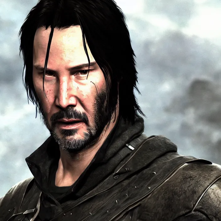 Image similar to Keanu Reeves in Skyrim, 3d cinematic, detailed game artwork, concept art, HD