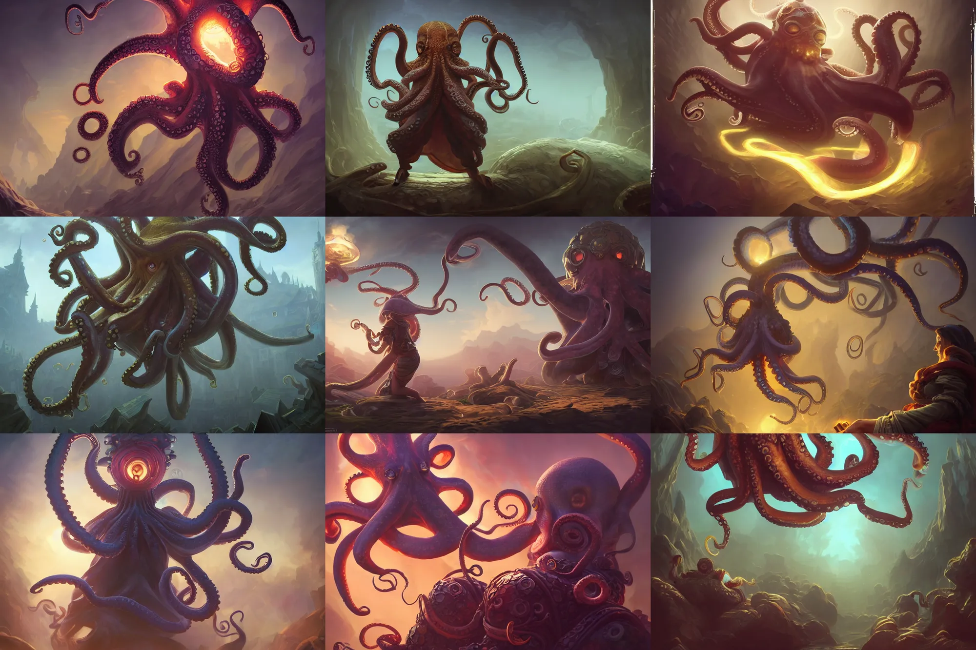 Prompt: a hyperrealistic render of an octopus wizard, dusk, outdoor, art by Artgerm and Greg Rutkowski and Alphonse Mucha, hearthstone art style, epic fantasty card game art, Beautiful dynamic dramatic moody lighting, shadows, cinematic, Octane, 8K