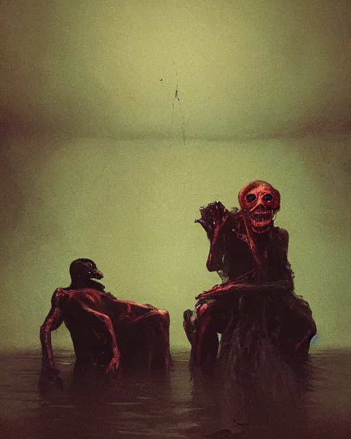 Prompt: dark fleshy figure seated next to another dark angry figure laughing in alone inside an empty dark flooded ballroom overgrown with aquatic plants in the style of Greg Rutkowski and Francis Bacon, Beksinski painting, masterpiece, artstation