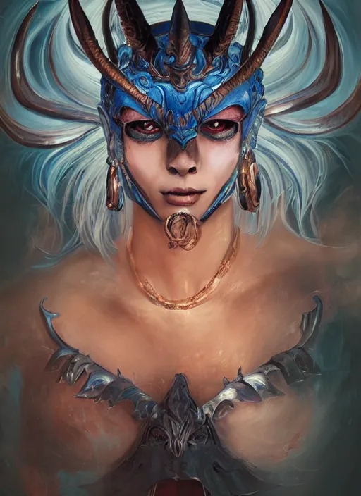 Prompt: a beautiful detailed oil on copper art illustration of a japanese blue devil mask woman, centered, by charlie bowater, zeng fanzh, trending on artstation, dim dusk lighting, cinematic lighting, detailed lighting, volumetric lighting, realistic, f 8, 4 k hd wallpaper