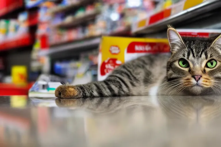 Image similar to cat on the counter in 7 - eleven next to a pack of cigarettes wide angle lens