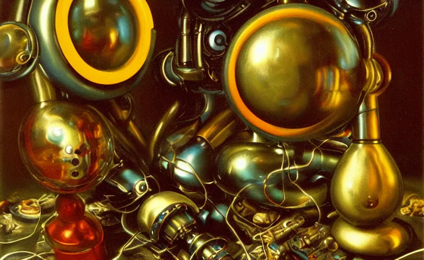 Image similar to strange seductive futuristic robot body, enticing colorful oil painting dutch golden age vanitas still life sparse composition with bulbous objects strange gooey transparent surfaces shiny metal reflections bizarre mutant meat insects rachel ruysch dali todd schorr very detailed perfect composition rule of thirds masterpiece canon 5 0 mm, cinematic lighting, photography, retro, film, kodachrome