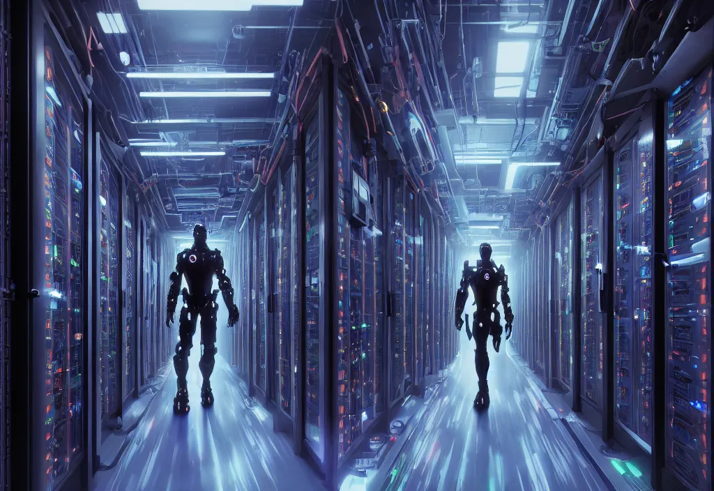 Image similar to shot of film cyborg walking in detailed server room in data center, character design, great composition perspective, vivid color, complementary color, detailed, sharp lines, trending on artstation, volumetric lighting, dramatic lighting by yoichi hatakenaka, cyberpunk art by asher brown durand