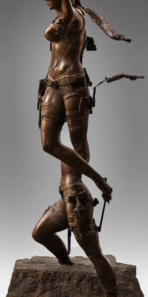 Image similar to detailed photo of an old bronze patina full body statue of a beautiful lara croft, photorealism, intricate detail, museum diffuse lighting