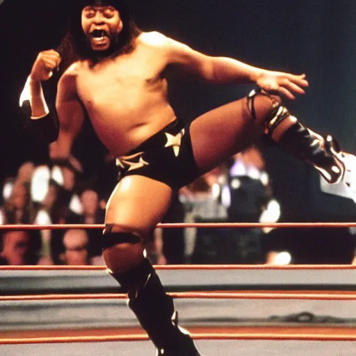 Prompt: stinkleg jones, wwf superstar. promotional photo