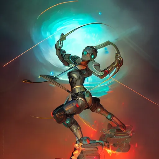 Image similar to action portrait of an astonishing beautiful futuristic robot archer, glowing neon bow, dungeons and dragons character design, artgerm and peter mohrbacher style, 4k