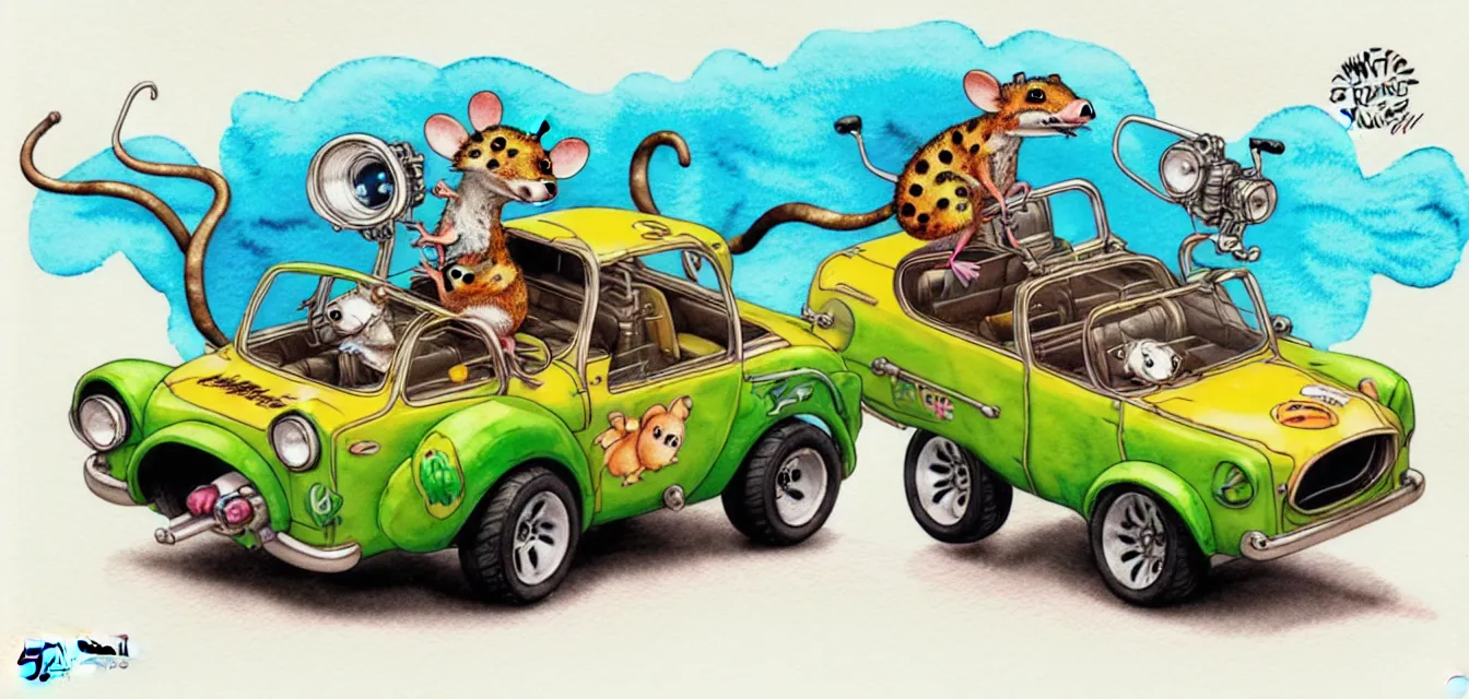 Image similar to cute and funny, quoll riding in a tiny hot rod with oversized engine, ratfink style by ed roth, centered award winning watercolor pen illustration, isometric illustration by chihiro iwasaki, edited by range murata, tiny details by artgerm and watercolor girl, symmetrically isometrically centered