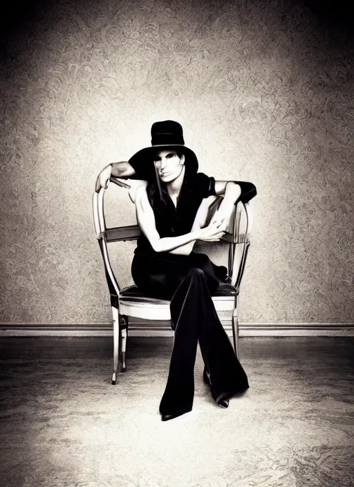 Image similar to Sandra Bullock for Victorian Secret, sitting on a chair, natural pose ,by nick knight, color photography, full length shot, extremely detailed, 50mm, natural light, m, rule of thirds, symmetrical balance, depth layering, polarizing filter, Sense of Depth