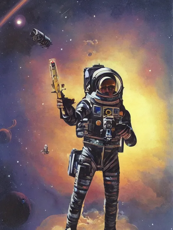 Prompt: a painting of a man in a space suit holding a gun, concept art by chris foss, cgsociety, retrofuturism, concept art, future tech, sci - fi