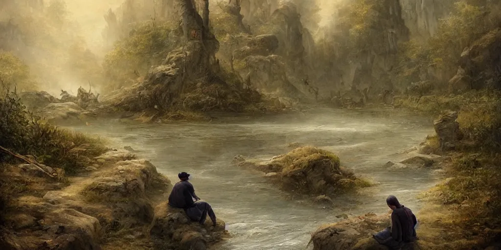 Prompt: a man sits at the edge of a river in the underworld waiting for the ferryman charon, beksinksi, dariusz zawadzki