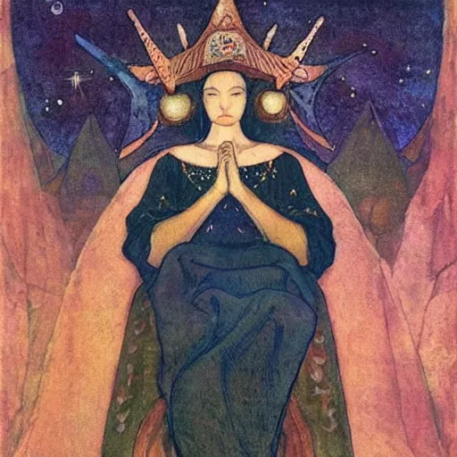 Image similar to the night crown, by Annie Swynnerton and Nicholas Roerich , embroidered robes, starry tattoos, elaborate costume, geometric ornament, symbolist, soft colors, dramatic lighting, smooth, sharp focus, extremely detailed