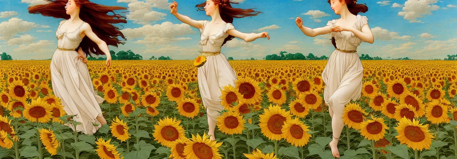 Image similar to beautiful young girl dancing in a fiery dress in a beautiful field of sunflowers and lilies, like leonardo da vinci sketches! in the style of studio ghibli, j. c. leyendecker, greg rutkowski, artgerm