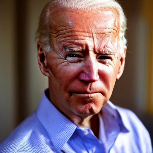 Prompt: Highly detailed close-up photograph of President Joe Biden’s face, slight smirk, single tear rolling down his cheek, photography by Steve McCurry, backlit
