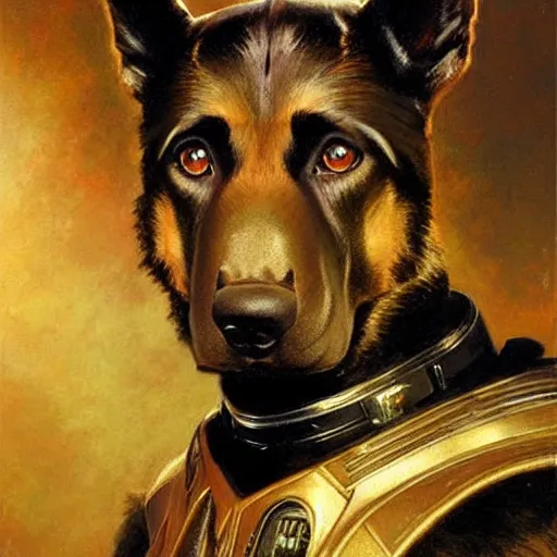 Image similar to a portrait of a black humanoid german shepard dogman canine star trek the next generation. highly detailed painting by gaston bussiere, craig mullins, j. c. leyendecker, furry