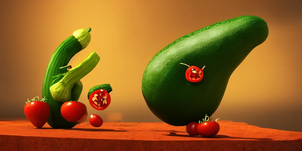 Prompt: detailed 3 d render of a zucchini assassin character hunting a tomato character at high speed, dramatic scene, hyper realistic octane render, cinematic lighting, deviantart, pop - surrealism, lowbrow, frame from pixar movie