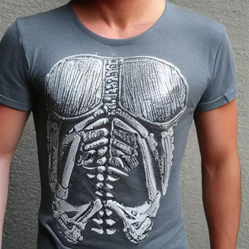 Prompt: a tshirt made of ice with metal drawn in the shape of a skeleton
