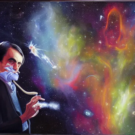 Image similar to an epic oil painting of carl sagan smoking a bong on the show cosmos, galaxies, nebulae, hubble, james webb space telescope, digital painting bioluminance / n 4
