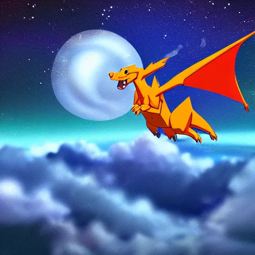 Image similar to charizard from pokemon flying into space and time above the clouds, the stars and galaxies are shining bright, ue 5, award winning, sharp focus, illustration