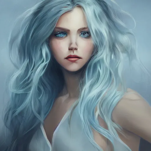 Prompt: woman, messy wavy white hair, light blue eyes, beautiful, portrait, d & d, character art, matte, sharp focus, illustration, concept art,