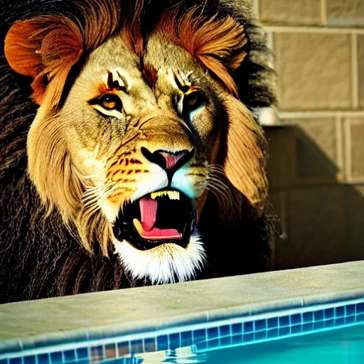 Image similar to a very detailed photo of a lion ( smoking a cigar ) outside the mansion by the pool