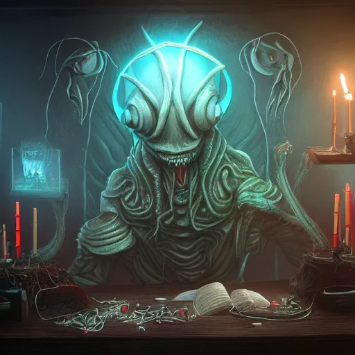 Image similar to ilithid mindflayer with headphones playing synthesizers, D&D, sigils, glowing candles, studio quality, intricate detail, unreal engine, hyperrealistic,