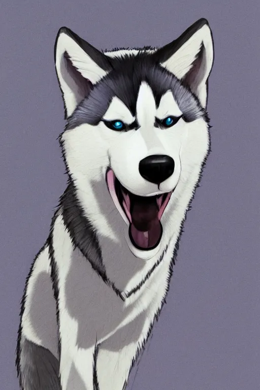 Image similar to a character design of a husky in grey vest, boxing, portrait painting, anime, studio ghibli, humanoid, anthropomorphic, personify, furry