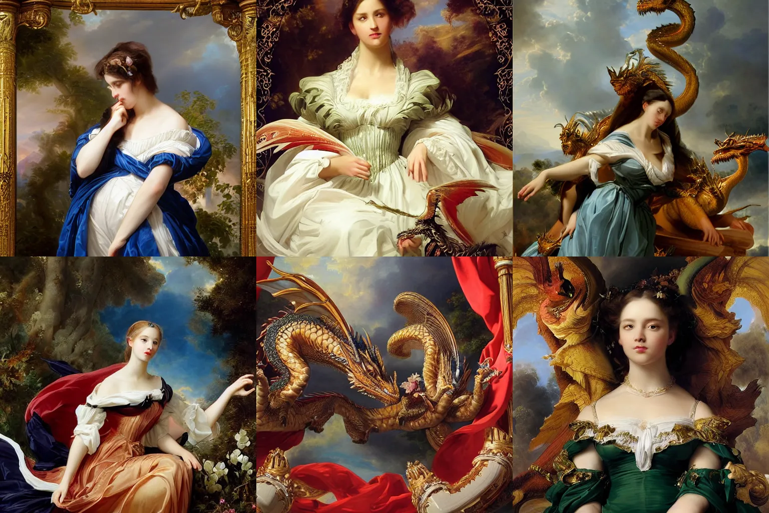 Prompt: a beautiful immaculate majestic h-res painting of beautiful dragons by Franz Xaver Winterhalter high detail, award winning hyperrealistic, photorealistic, octante render, elegant, cinematic, high textures, hyper sharp, 8k, insanely detailed and intricate, graphic design, cinematic atmosphere, hypermaximalist, hyper realistic, super detailed, 4k HDR hyper realistic high quality