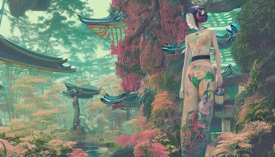 Image similar to a digital painting of a woman in the distance wearing gucci exploring a magical japanese temple, lush plants and flowers, eco - cyberpunk art by james jean, cgsociety, retrofuturism, anime aesthetic, chromatic, iridescent, uhd