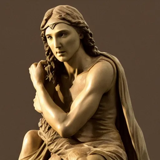 Image similar to bust sculpture of Gal Gadot as pieta, by Michelangelo, photorealism