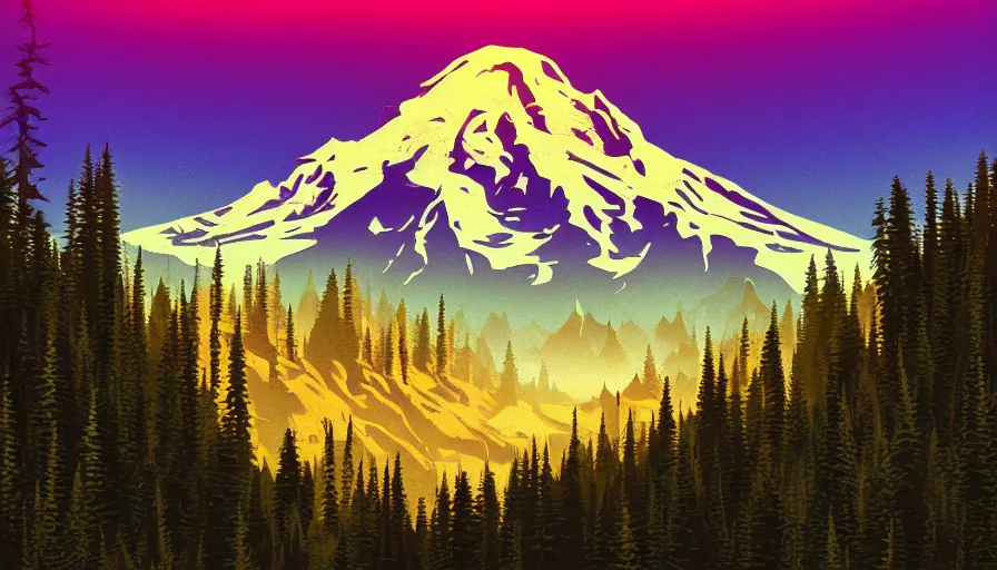 Prompt: a retrowave style artwork of mount rainier national park, a land of the dead, divine, hazy, volumetric lighting, spacetime bending, very detailed, serene, gold accents, washed out colors, beautiful artwork, master level composition, raytracing