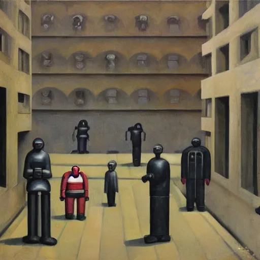 Image similar to drab workers wearing gas masks walking along cloisters, watched by fascist robots, brutalist courtyard, dystopian, pj crook, edward hopper, oil on canvas