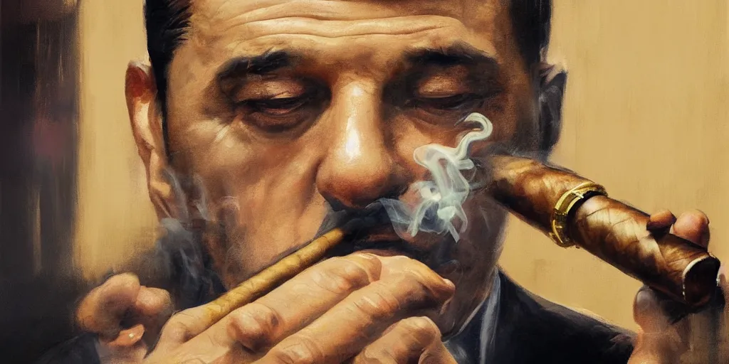 Image similar to abstract oil matte portrait painting, mafia boss smoking a cigar at his 5 0 s new york office desk, wonderful masterpiece highly detailed, beautiful cinematic light deep focus, elegant, digital painting, smooth, sharp focus, golden ratio, dramatic illumination, ultra realistic, 8 k, art by jimmy law