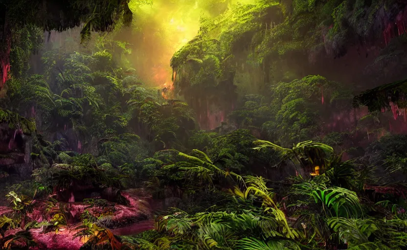 Image similar to a beautiful render of a dark prehistoric rainforest in a humongous cave, lush flora, patches of yellowish - red - magenta sky, sunset lighting, fireflies, floating mountains and a waterfall in the background, intricate detail, hazy, humid, volumetric lighting, god rays, 8 k, photorealistic, raytracing effects, unreal engine 5